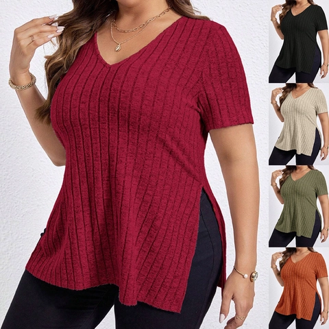 Γυναικείο Plus Size Ριγέ T-Shirt V Λαιμόκοψη Κοντό Μανίκι Μονόχρωμο Πλευρικό Σκίσιμο Πουλόβερ Top Casual Καλοκαιρινό