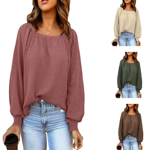 Damen Casual Waffelstrick Top Viereckiger Ausschnitt Langarm Laternenärmel Locker Gerippt Einfarbig Pullover Top Für Den Alltag