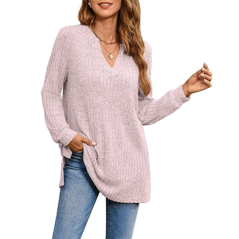 Maglia da Donna in Maglia a Costine Casual Scollo a V Manica Lunga Maglione Lungo Tinta Unita Tunica Con Tasche Elegante