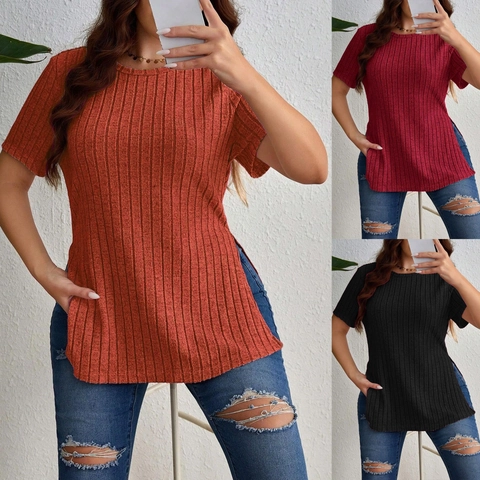 Γυναικείο T-Shirt Μεγάλα Μεγέθη Κοντό Μανίκι Στρογγυλή Λαιμόκοψη Πλευρικό Σχίσιμο Ριμπ Πλεκτό Casual Μονόχρωμο Καλοκαιρινό Top