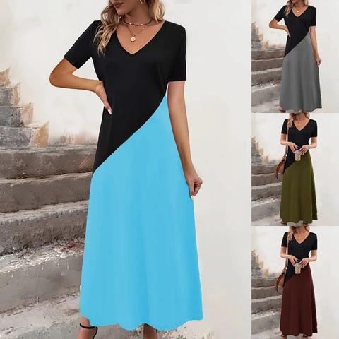 Robe Maxi Élégante en Patchwork de Couleurs pour Femmes Col en V Manches Courtes Robe Longue Trapèze pour l'été Décontracté