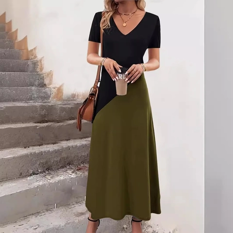 Robe Maxi Élégante en Patchwork de Couleurs pour Femmes Col en V Manches Courtes Robe Longue Trapèze pour l'été Décontracté