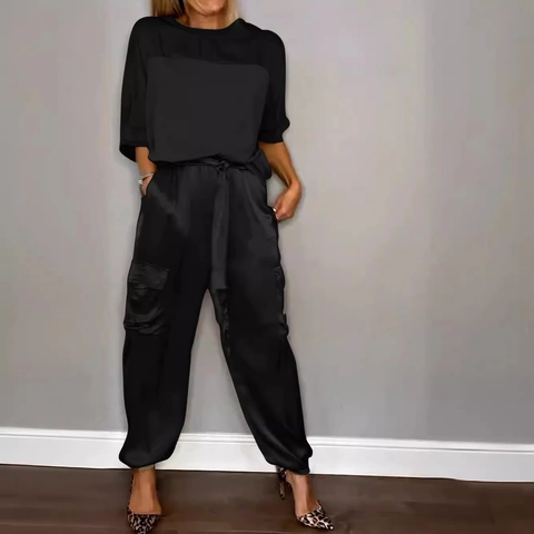 Mujer Satén Parte Superior E Inferior Color Sólido Manga Corta Pullover Y Pantalones Cargo Poliéster Brillante Atuendo Casual