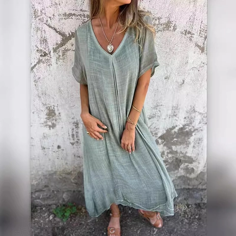 Women Casual Cotton Linen V-Neck Maxi Dress Short Sleeve Loose A-Line Solid Color Summer Beach Vacation Long Dress