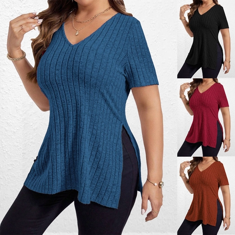 Dames V-Hals Geribbelde Korte Mouw T-Shirt Casual Zijsplit Effen Kleur Zachte Gebreide Pullover Top Voor Lente Zomer Dagelijks Gebruik
