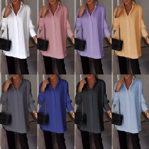 Elegante Einfarbige Polyesterbluse Für Damen Mit Revers Und Langen Ärmeln Übergroßes Pulloverhemd Casual Büro Oberteile Für Damen