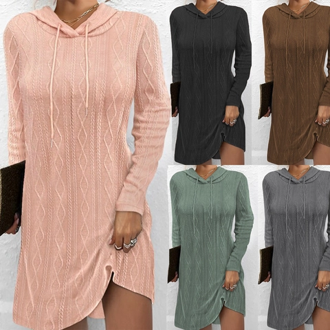 Vestido Mini de Mujer Casual de Punto de Ocho Con Capucha Manga Larga Pulóver Color Sólido Ajustado Cálido Vestido de Tubo