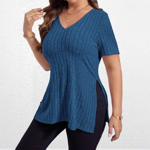 Dames V-Hals Geribbelde Korte Mouw T-Shirt Casual Zijsplit Effen Kleur Zachte Gebreide Pullover Top Voor Lente Zomer Dagelijks Gebruik
