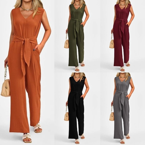 Elegant Women V-Neck Sleeveless Wide Leg Jumpsuit With Belt High Waist Solid Color Fashion Long Pants Romper For Casual Commute