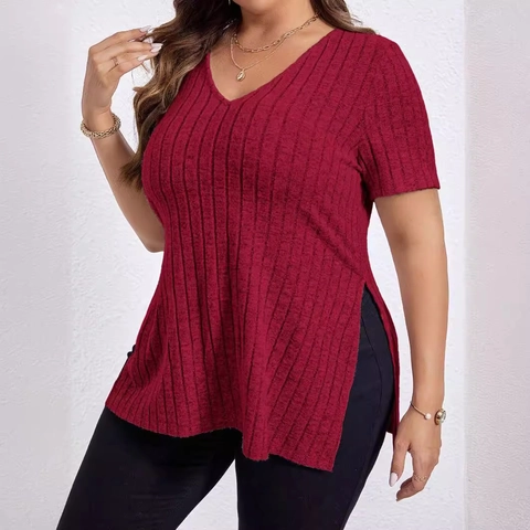 Γυναικείο Plus Size Ριγέ T-Shirt V Λαιμόκοψη Κοντό Μανίκι Μονόχρωμο Πλευρικό Σκίσιμο Πουλόβερ Top Casual Καλοκαιρινό