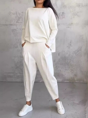 Completo Donna Casual in Poliestere Top And Bottom Tinta Unita Girocollo Manica Lunga Patchwork Set Pantaloni Con Tasche