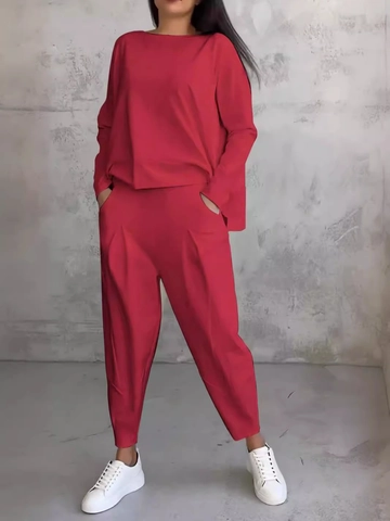 Completo Donna Casual in Poliestere Top And Bottom Tinta Unita Girocollo Manica Lunga Patchwork Set Pantaloni Con Tasche