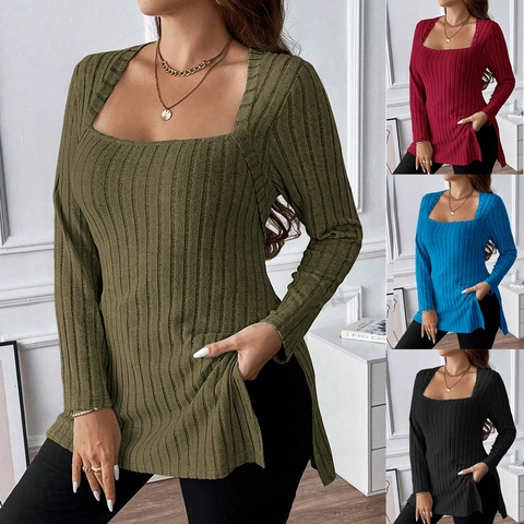 Haut en Tricot Côtelé à Col Carré et Manches Longues pour Femmes Couleur Unie Coupe Ajustée Fente Latérale Pull Élégant