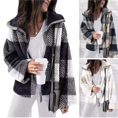 Veste Décontractée en Polaire Sherpa à Carreaux pour Femmes Manches Longues Fermeture Éclair Revers Oversized Manteau Teddy Chaud Automne Hiver Outwear Grande Taille