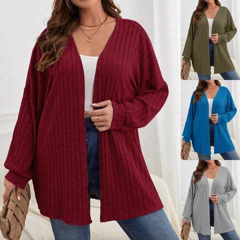 Cardigan in Maglia Oversize da Donna a Manica Lunga con Trama a Costine Apertura Frontale Lunghezza Media Tinta Unita