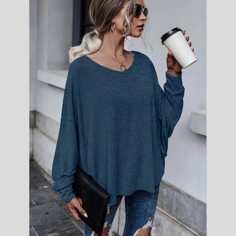 Γυναικείο Casual Μακρυμάνικο T-Shirt Με Δέσιμο στην Πλάτη Σχέδιο Hollow Out Έξωμοι Χαλαρή Μπλούζα Μονόχρωμη Μόδα
