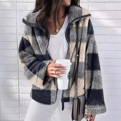 Veste Décontractée en Polaire Sherpa à Carreaux pour Femmes Manches Longues Fermeture Éclair Revers Oversized Manteau Teddy Chaud Automne Hiver Outwear Grande Taille
