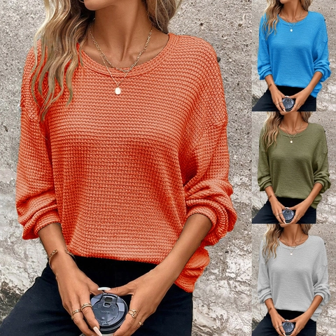 T-Shirt da Donna Taglie Forti in Maglia Waffle Vestibilità Larga Manica a Pipistrello Manica Lunga Girocollo Tinta Unita Casual Top Autunno Inverno