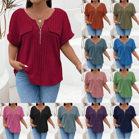 Damen Übergrößen Reißverschluss V-Ausschnitt Kurzarm T-Shirt Locker Lässig Rippenstrick Pullover Top Mit Dekotitiven Taschen