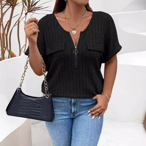 Damen Übergrößen Reißverschluss V-Ausschnitt Kurzarm T-Shirt Locker Lässig Rippenstrick Pullover Top Mit Dekotitiven Taschen