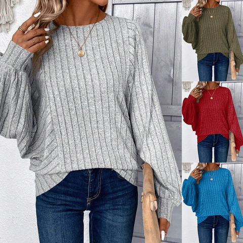 Γυναικείο Plus Size Ριμπ Πλεκτό Τοπ Μανίκι Φανάρι Στρογγυλή Λαιμόκοψη Casual Μονόχρωμο Χαλαρό Πουλόβερ για Καθημερινή Χρήση