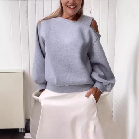 Dames Off-shoulder Fleece Gevoerd Sweatshirt Asymmetrische Hals Lange Mouw Pullover Losse Pasvorm Casual Warm Top Voor Herfst Winter