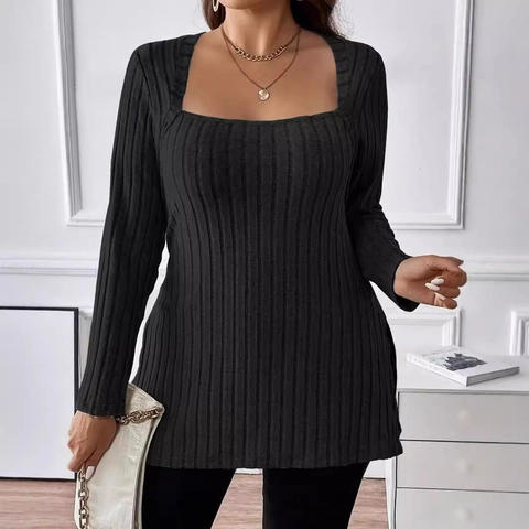 Haut en Tricot Côtelé à Col Carré et Manches Longues pour Femmes Couleur Unie Coupe Ajustée Fente Latérale Pull Élégant