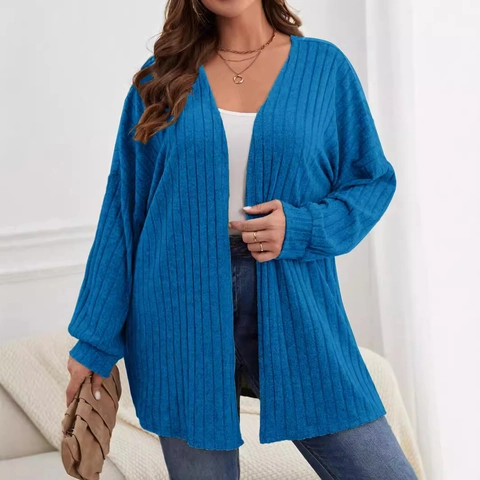 Cardigan in Maglia Oversize da Donna a Manica Lunga con Trama a Costine Apertura Frontale Lunghezza Media Tinta Unita
