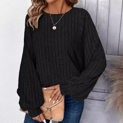 Γυναικείο Plus Size Ριμπ Πλεκτό Τοπ Μανίκι Φανάρι Στρογγυλή Λαιμόκοψη Casual Μονόχρωμο Χαλαρό Πουλόβερ για Καθημερινή Χρήση