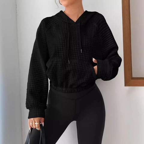 Women Casual Waffle Texture Hooded Sweatshirt Loose Pullover Long Sleeve Hoodie With Pocket Drawstring Streetwear Fashion Top