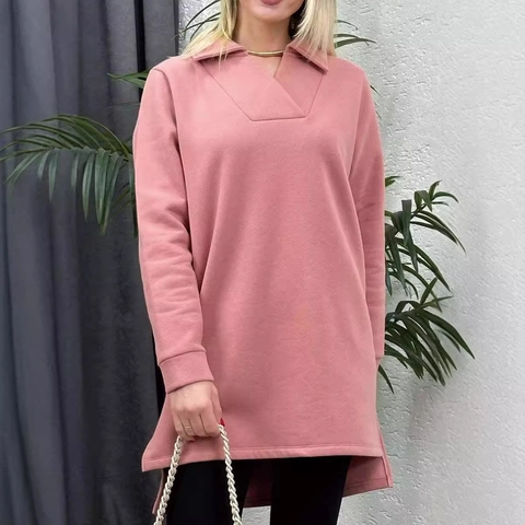 Sudadera Informal de Color Sólido para Mujer Manga Larga Cuello Polo en V Ajuste Holgado Túnica Con Abertura Lateral Dobladillo Alto-Bajo
