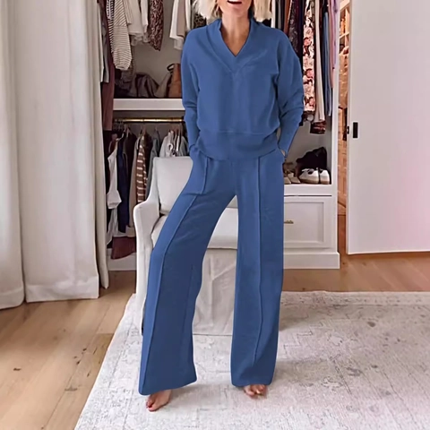 Women V-Neck Long Sleeve Top And Wide Leg Pants Two-Piece Set Casual Loose Solid Color Knitted Loungewear Outfit