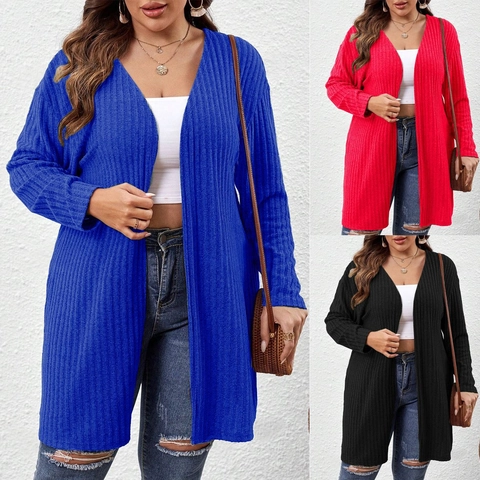 Damen Plus Size Langarm Offene Front Rippenstrick Strickjacke Casual Einfarbig Mittellang Pullover Mantel Locker Oberbekleidung