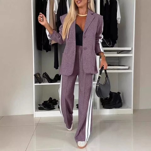 Women Casual Pants Set Notch Lapel Long Sleeve Blazer And Wide Leg Pants Outfits Side Striped Fashion Tracksuit Set Clothing