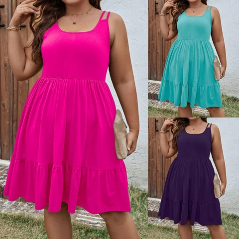 Women Plus Size Sleeveless Tiered Midi Dress Solid Color Square Neck Loose A Line Casual Vacation Knitted Polyester Sundress