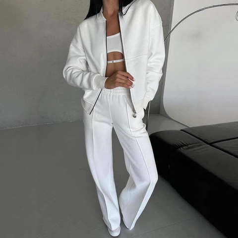 Women Casual Zipper Jacket And Wide Leg Pants Outfits Solid Color Long Sleeve Sweatshirt Outfits For Fall Winter