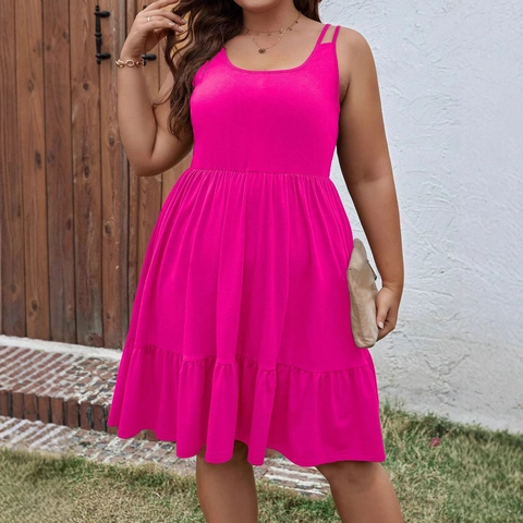 Women Plus Size Sleeveless Tiered Midi Dress Solid Color Square Neck Loose A Line Casual Vacation Knitted Polyester Sundress