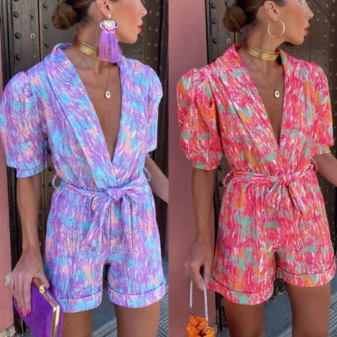 Women Summer V Neck Puff Short Sleeve Romper Abstract Printed Waist Tie Jumpsuit Casual Beach Fashion Floral Playsuit