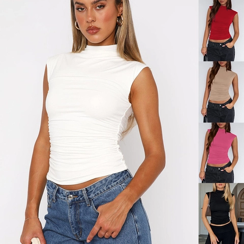 Women Ruched Mock Neck Sleeveless Tank Top Slim Fit Knitted Summer Fashion Comfortable Polyester Streetwear Casual Top