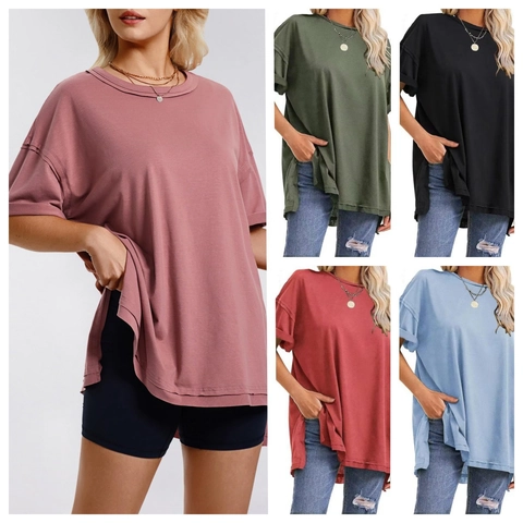 Women Casual Oversized Round Neck T-Shirt Side Split Drop Shoulder Short Sleeve Solid Color Summer Loose Basic Top