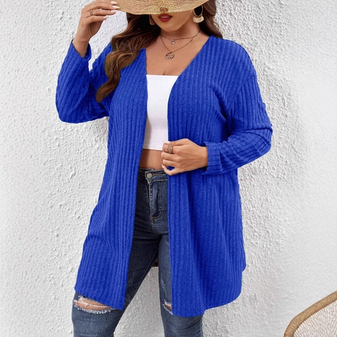 Damen Plus Size Langarm Offene Front Rippenstrick Strickjacke Casual Einfarbig Mittellang Pullover Mantel Locker Oberbekleidung