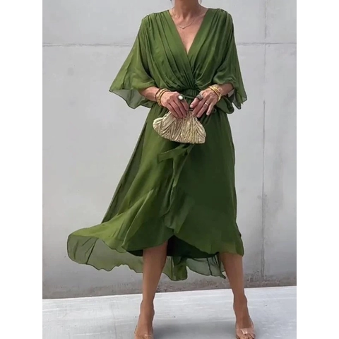 Women V-Neck Batwing Sleeve Maxi Dress Solid Color Tie Waist Irregular Hem Elegant Pleated Polyester Chiffon Casual Dress