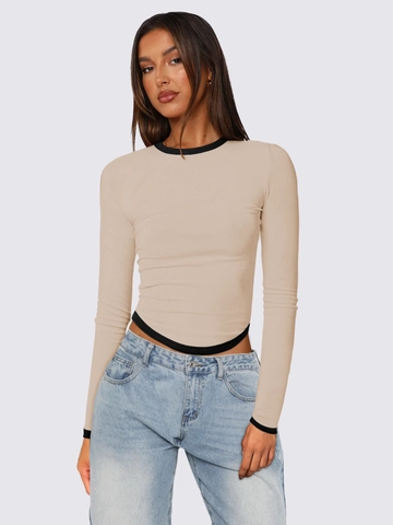 Damen Langarm T-Shirt Aus Rippstrick Rundhals Kontrastbesatz Abgerundeter Saum Slim Fit Casual Chic Top