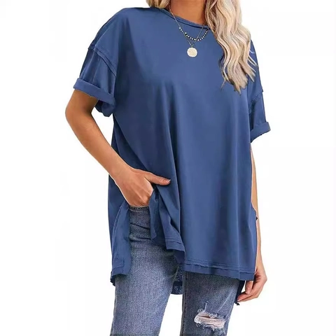 Women Casual Oversized Round Neck T-Shirt Side Split Drop Shoulder Short Sleeve Solid Color Summer Loose Basic Top