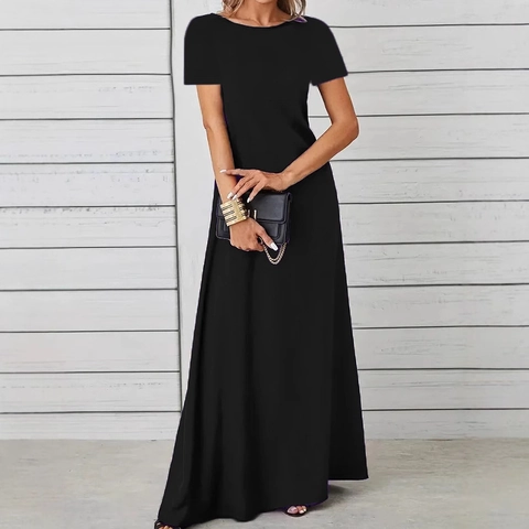 Women Solid Color Short Sleeve Maxi Dress Crew Neck A-Line Long Dress For Casual Daily Wear Basic Summer Pullover Outfits