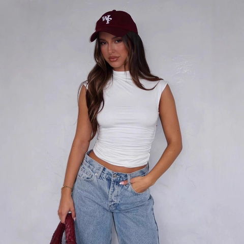 Women's Mock Neck Sleeveless Ruched Top Slim Fit Polyester Solid Color Elegant Commuter Casual Summer Knit Top Vest