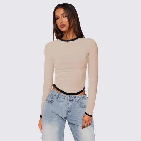 Γυναικείο Slim Fit Ribbed Μακρυμάνικο T-Shirt με Αντίθεση Round Neck Curved Hem Casual Crop Top Φθινόπωρο Χειμώνας Tee