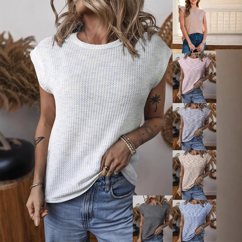 T-Shirt Décontracté en Tricot Gaufrette pour Femmes Col Rond Manches Courtes Coupe Large Texture Chinée Printemps Été Haut