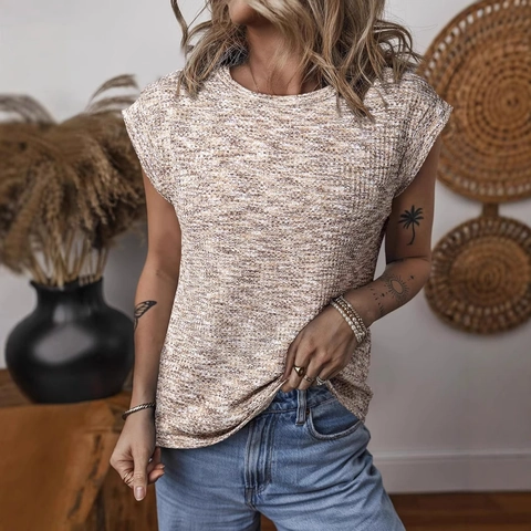 T-Shirt Décontracté en Tricot Gaufrette pour Femmes Col Rond Manches Courtes Coupe Large Texture Chinée Printemps Été Haut