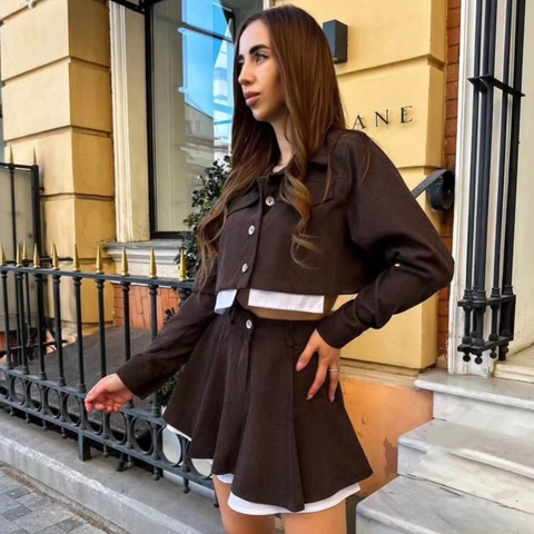 Conjunto Casual Elegante Para Mujer Chaqueta Corta Patchwork Y Minifalda Plisada Manga Larga Color Block Café Oscuro